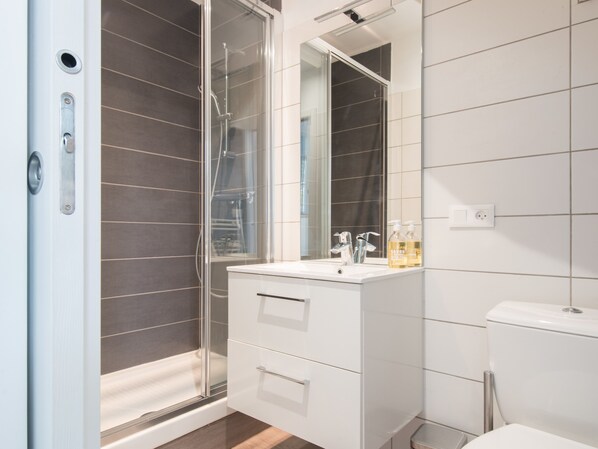 Douche, séchoir à cheveux, serviettes fournies