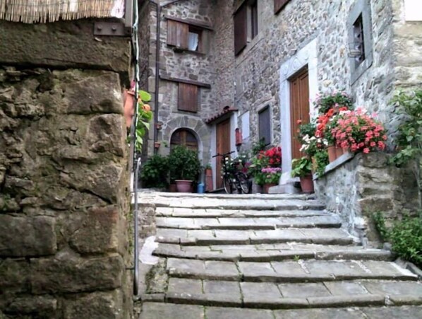 Staircase leading to a traditional building with a rustic charm and potted plants.