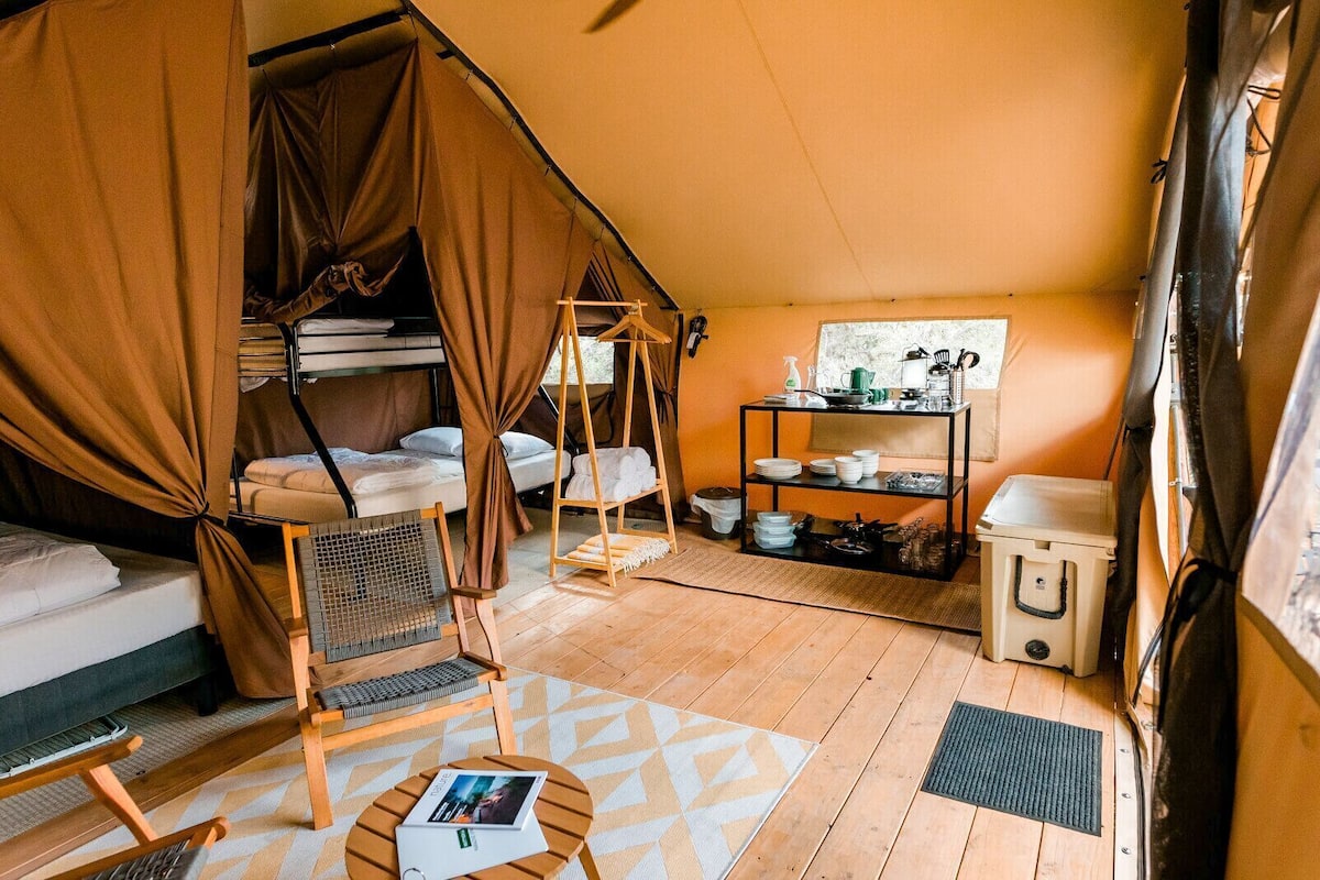 Alojamiento con carpa que incluye una cama, una silla colgante, un estante con vajilla y una mesita con una revista.