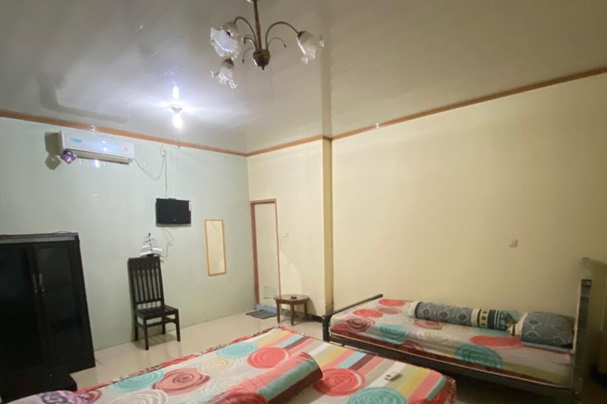 A bedroom with two beds, a desk, a chair, a TV, and a ceiling fan.