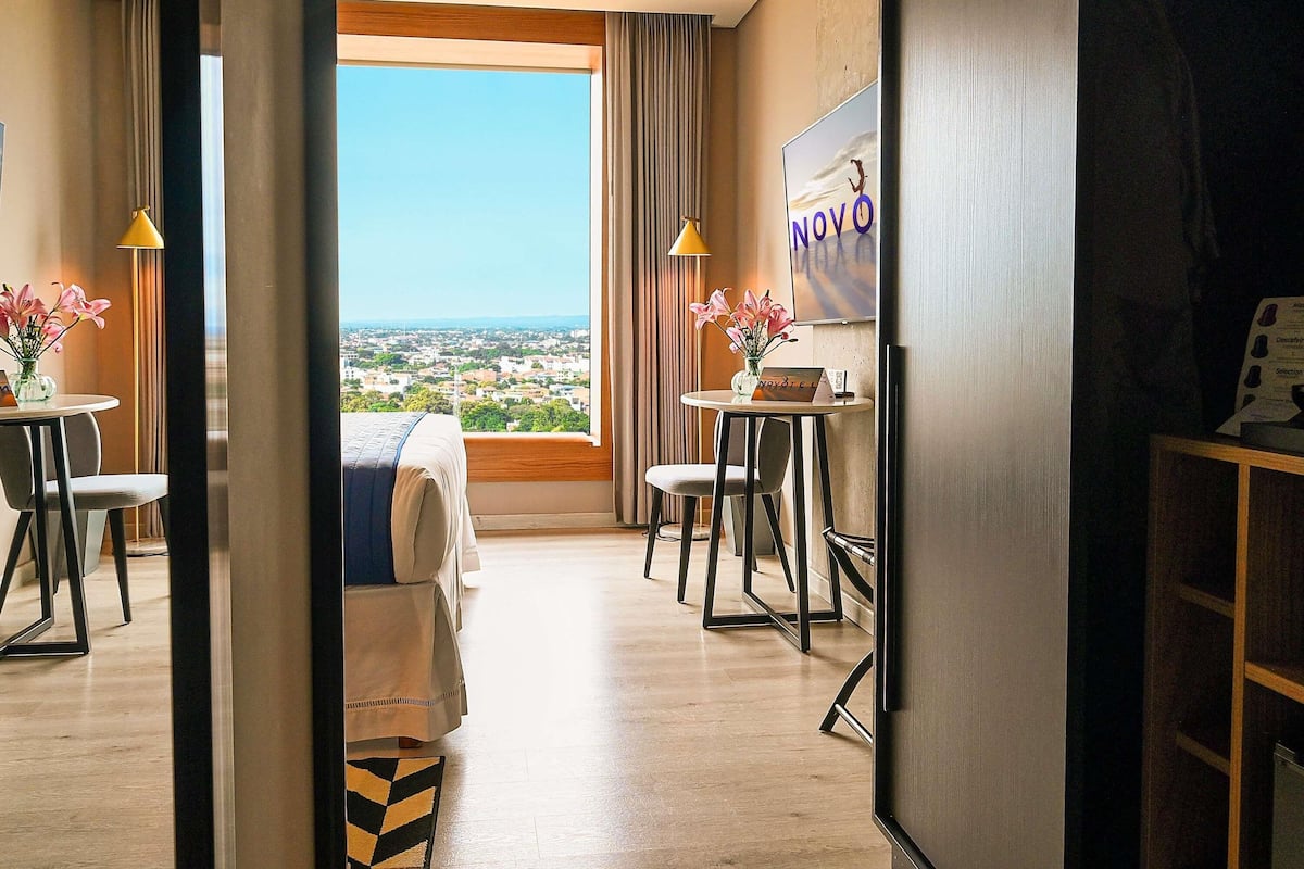 Une chambre d’hôtel avec un lit, un bureau, deux chaises, une table avec des fleurs, une télévision et une vue sur la ville.