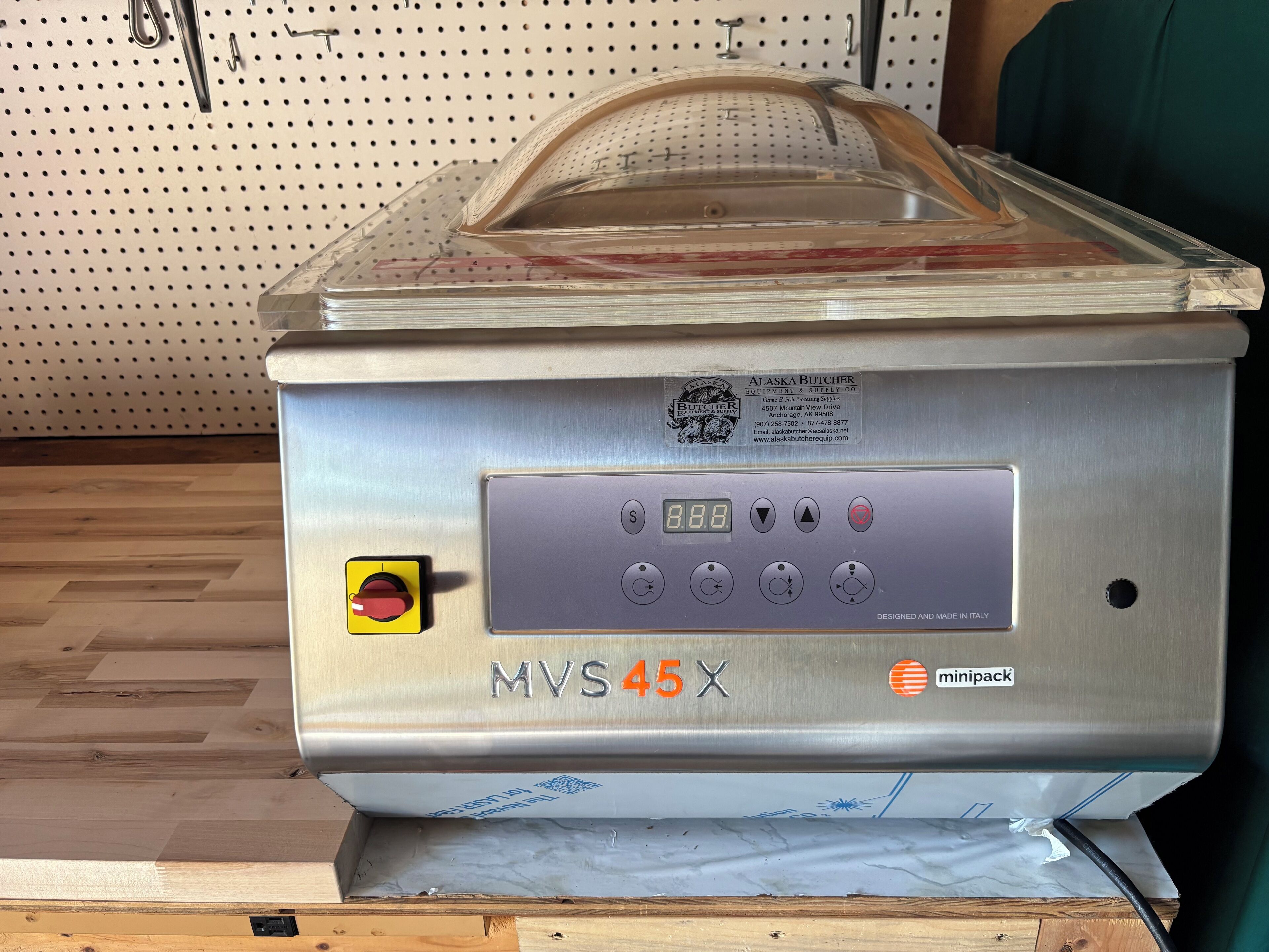 A commercial freezer labeled 'MVS 45X' with a digital display, control buttons, and a brand logo.