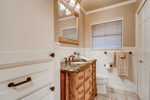 Hair dryer, towels, soap, toilet paper