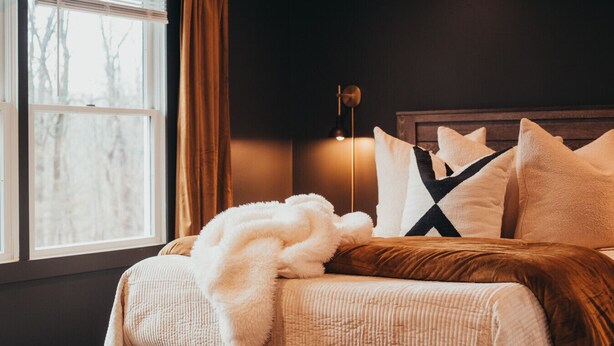 A bed with a fluffy white blanket, a wooden headboard, and a bedside lamp. - The Johnson Chalet in Bristol/Canandaigua*HOT TUB* (Canandaigua)