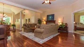 Smart TV, fireplace, DVD player, books