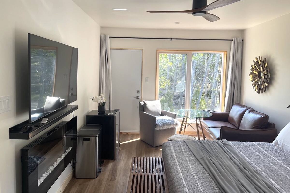 Een moderne slaapkamer met een bed, een televisie, een sofa, een salontafel en een plafondventilator.