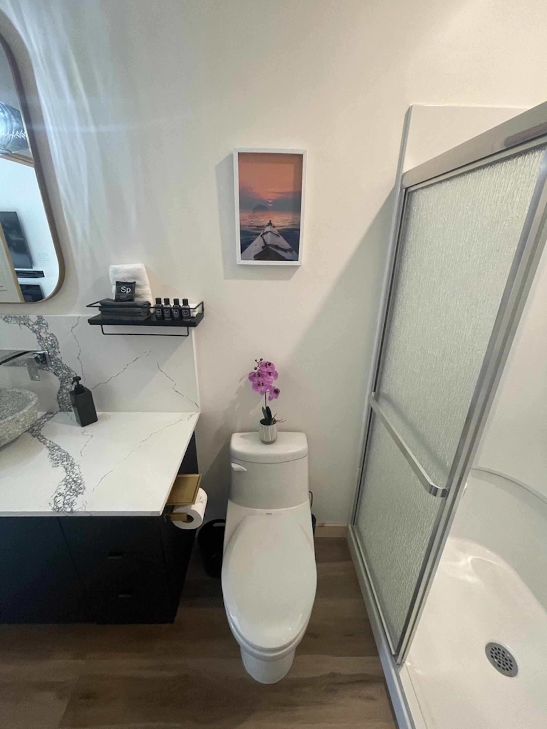 Pieni kylpyhuone, jossa on valkoinen wc-istuin, pieni hylly hygieniatuotteille, seinällä oleva kehystetty kuva ja suihkutila.