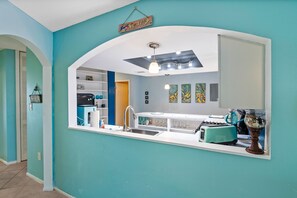 Coco Sands Villas Unit 21 | Private kitchen | Full-sized fridge, microwave, oven, stovetop - Coco Sands Villas (Cape Canaveral)