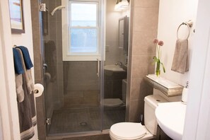 Douche, sèche-cheveux, serviettes fournies, savon