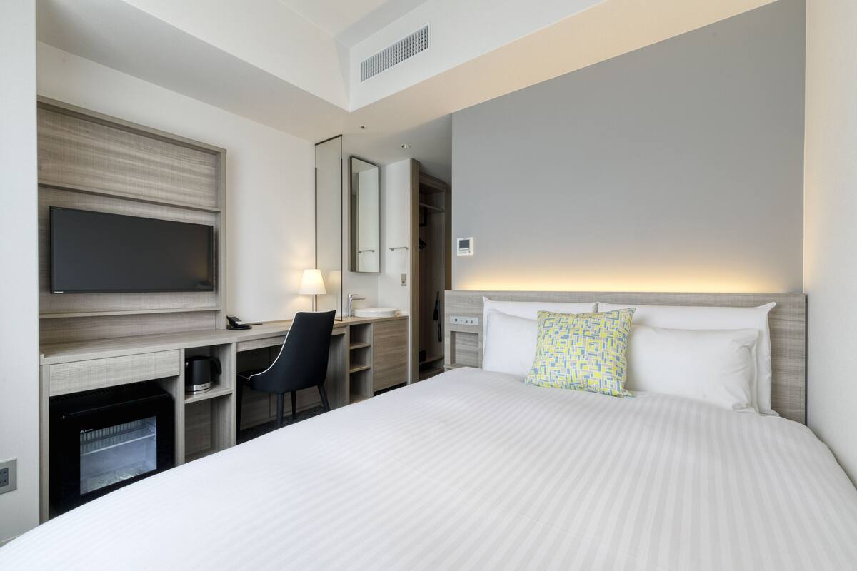 A hotel room with a bed, a desk, a TV, and a mirror.