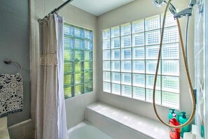 Hair dryer, towels, soap, shampoo