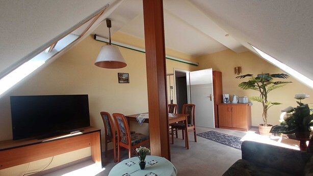 Een gezellig zolderkamer met een televisie, eettafel, stoelen, een bank en een bloempot.