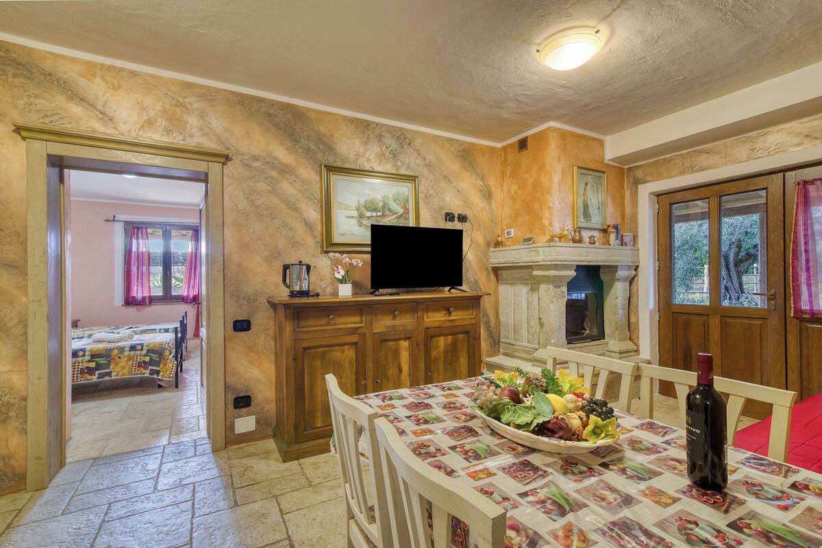 A room with a bed, a television, a fireplace, and a dining table with a fruit bowl.