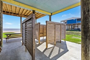 A covered outdoor area with wooden benches and a picnic table, overlooking a beach. - Beachfront  | Expansive Deck, Grill & Ocean Views (Gilchrist)