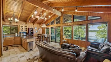 TV, fireplace, books