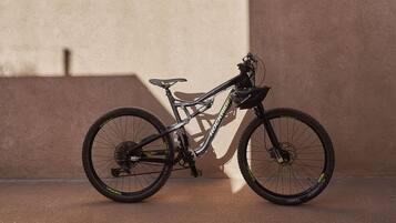 A bicycle leaning against a wall.
