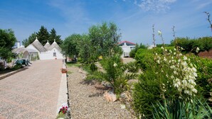 A courtyard with a gravel path, a white building with a red roof, and various plants.