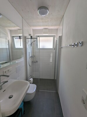 Shower, hair dryer, towels, toilet paper