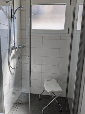 Shower, hair dryer, towels, toilet paper