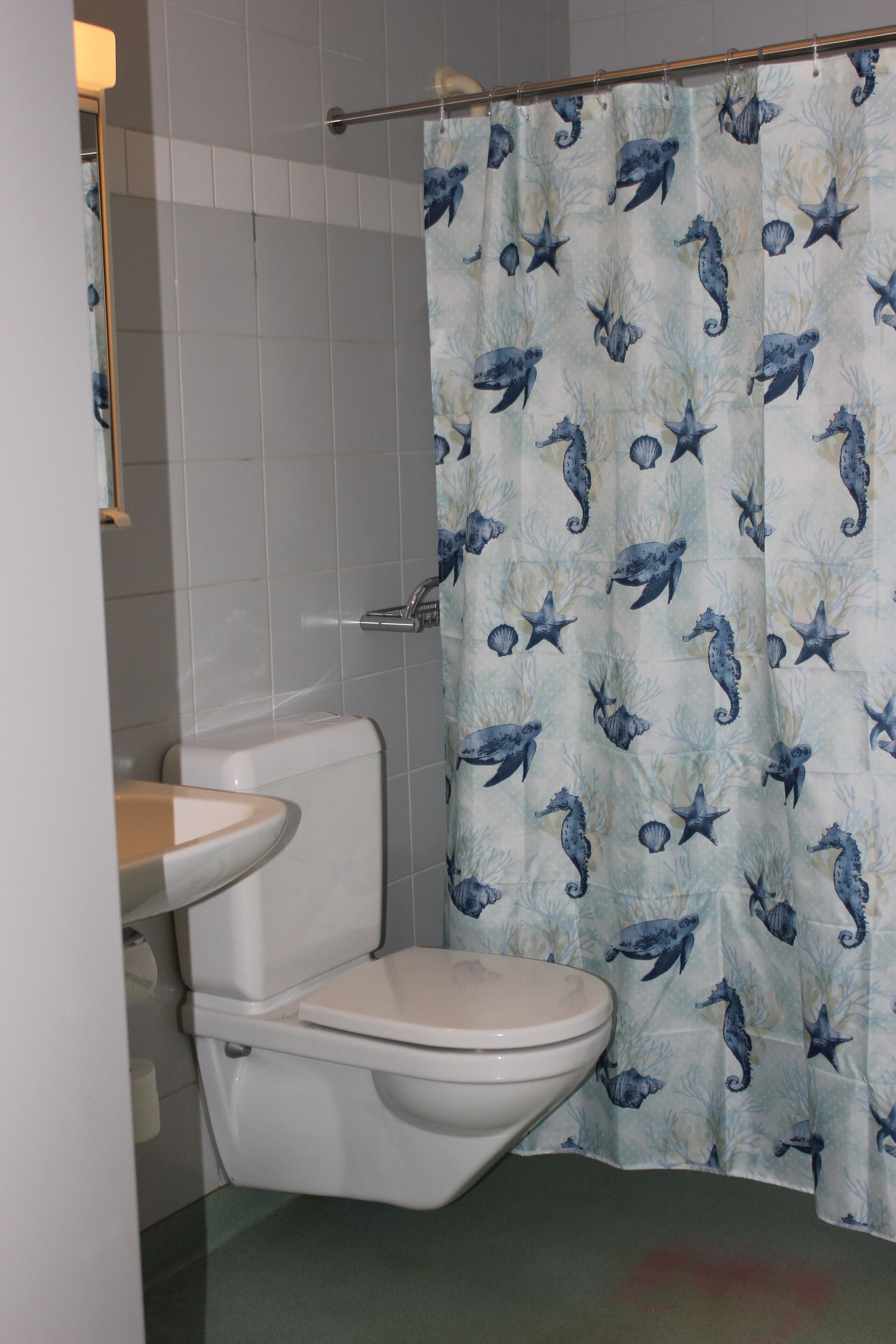 Ein Badezimmer mit Toilette, Waschbecken und Duschvorhang mit Seehorsenmuster.
