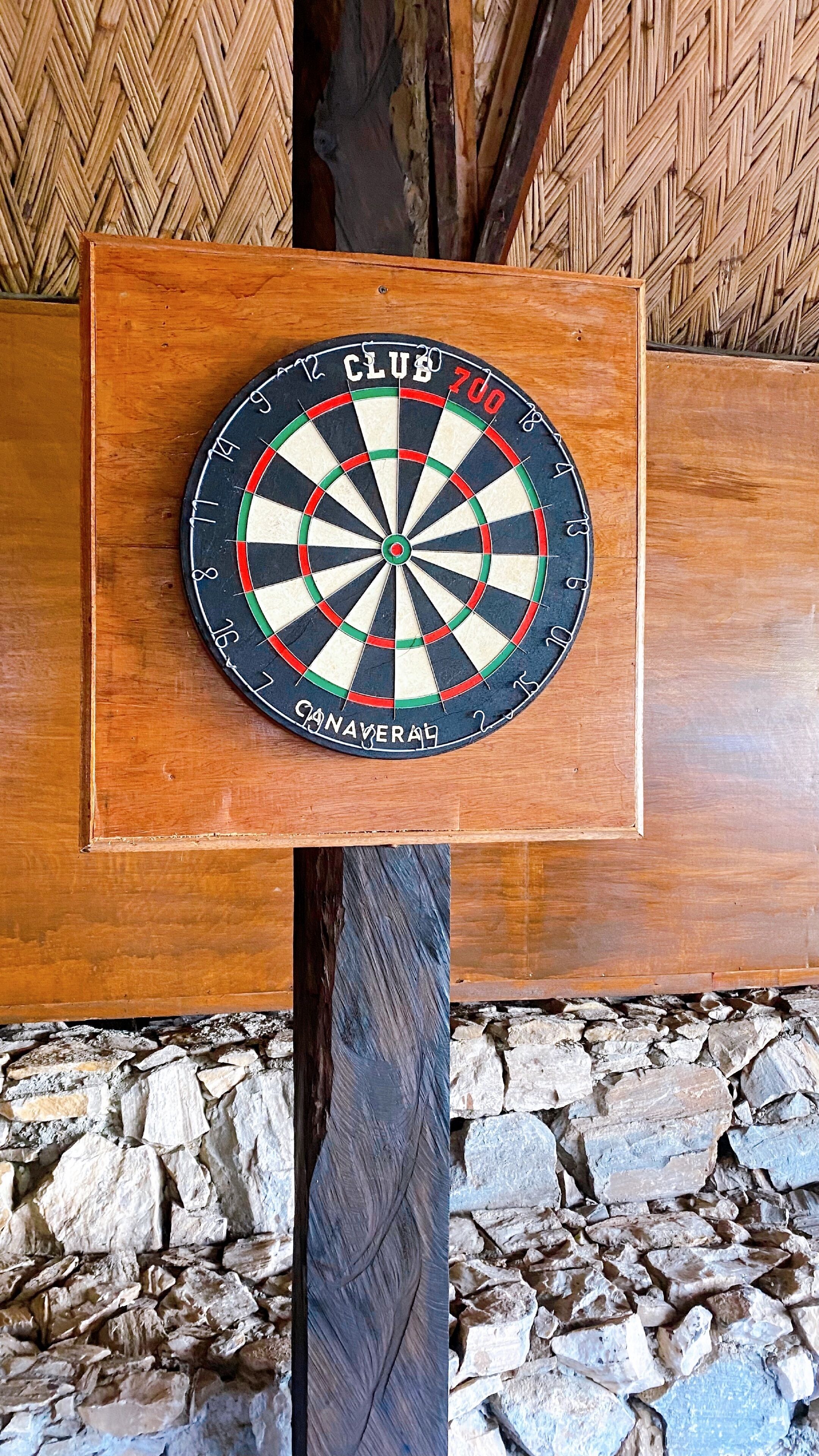Une cible de fléchettes fixée sur un poteau en bois, avec un mur de pierres en arrière-plan.