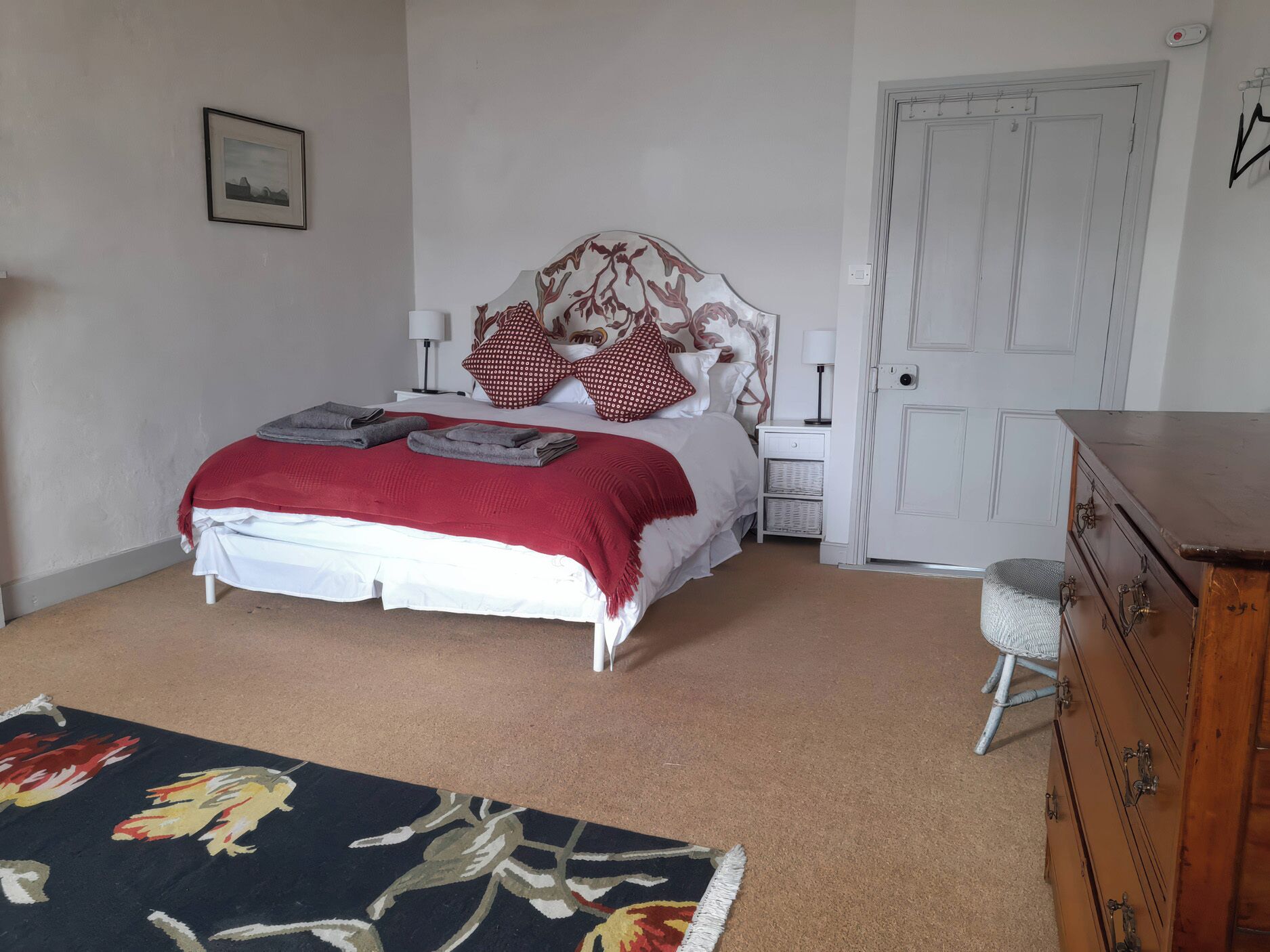Une chambre à coucher avec un lit, une table de chevet, une commode, une porte et un tapis.