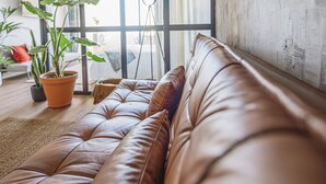 A brown leather sofa in a room with large windows, a potted plant, and a tripod lamp. - Charming Flat With Amazing sea Line View (Cascais)