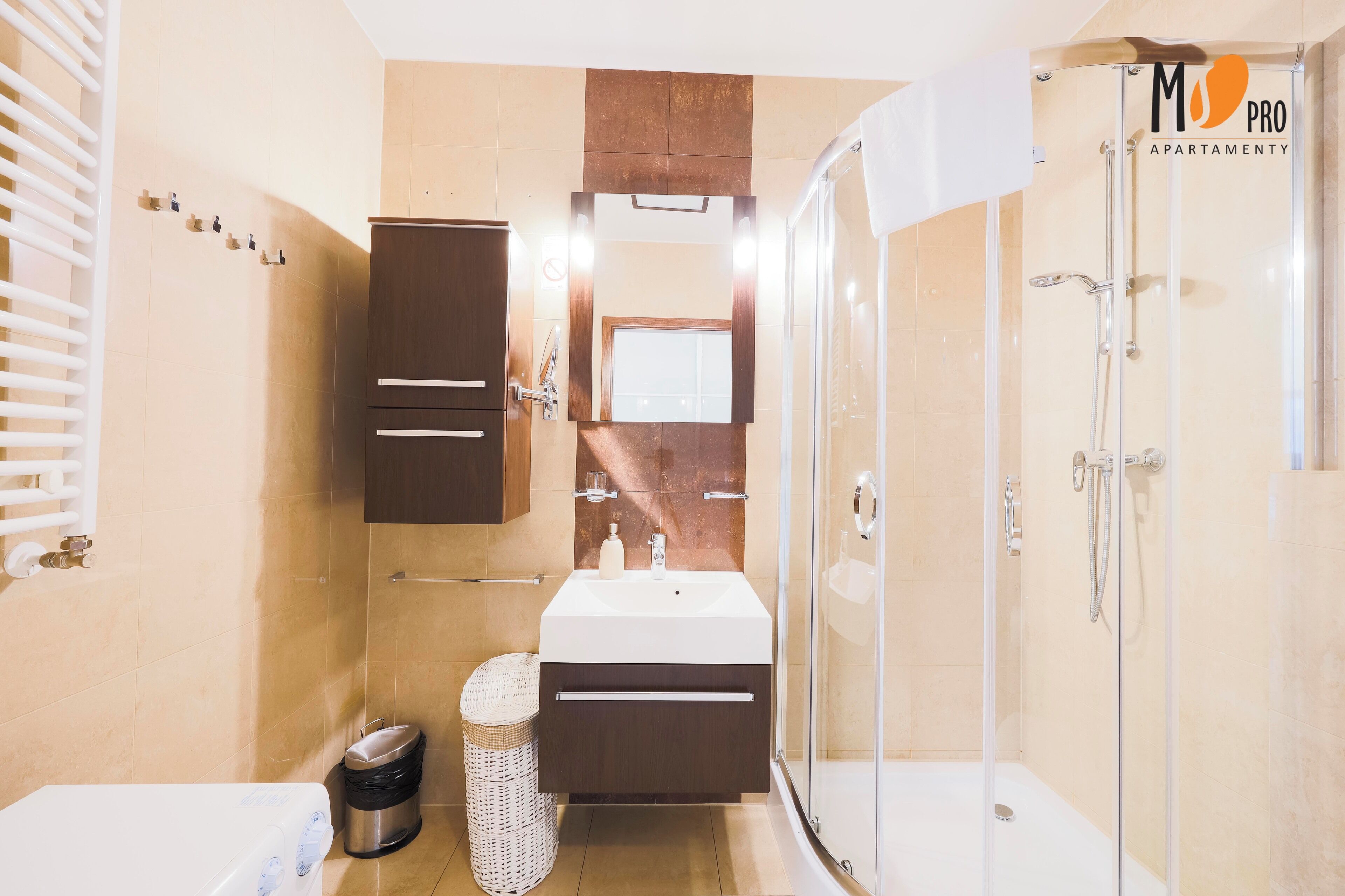 Ein modernes Badezimmer mit einer in Glas eingefassten Dusche, einem weißen Waschbecken und einem Holzkabinent.