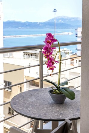 Ein Balkon mit einem Topf-Orchideen und Blick auf eine Küstenlandschaft.