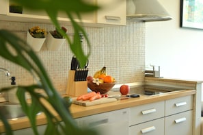 Coffee/tea maker, fridge, microwave, oven