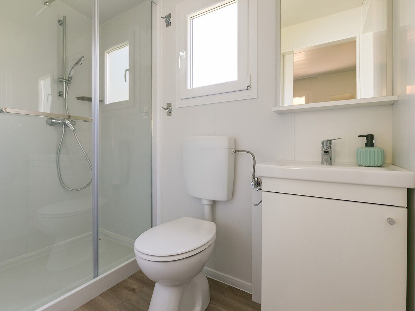 Shower, towels, toilet paper