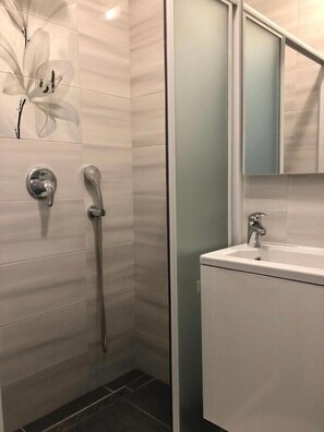 Douche, séchoir à cheveux, serviettes fournies