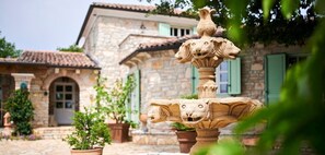 Una fuente de piedra con cabeza de león, rodeada de plantas en macetas, frente a un edificio de piedra con contraventanas verdes.