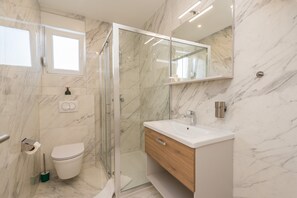 Shower, hair dryer, towels, soap