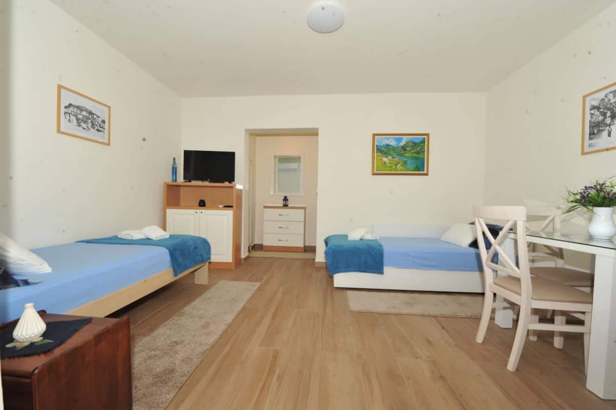 Ein Schlafzimmer mit zwei Betten, einem Schreibtisch, einem Stuhl, einem Fernseher und einer Badezimmertür.
