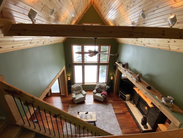 Televisión, chimenea y reproductor de DVD 