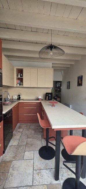 Een compacte keuken met een centraal eiland, een eethoek met twee stoelen en een plafondventilator.