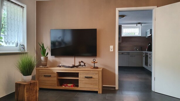 A modern living room with a flat-screen TV mounted on the wall, a wooden entertainment unit with drawers, and a potted plant. - Kaiserstuhl "auszeit " (Vogtsburg im Kaiserstuhl)
