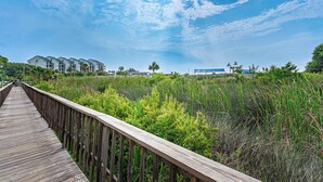 A wooden boardwalk leading through a natural area with dense vegetation and buildings in the background. - Folly Field Villa : Steps to Beach · Private Decks · Pool · Bikes, Golf & Dolphin Tour Included (Hilton Head Island)