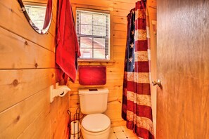 Combined shower/bathtub, hair dryer, towels, soap