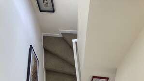 A staircase with carpeted steps, white walls, and framed pictures on the walls.