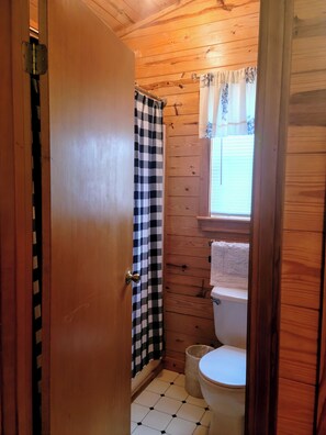 Bañera con ducha, secador de pelo, toallas, jabón