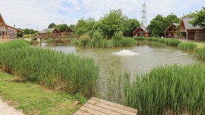 A lakeside lodge with wooden cabins, a dock, and a clear sky. - Butterfly Lodge (Lincoln)