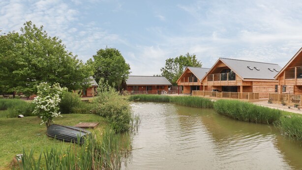A lakeside lodge with wooden cabins, a dock, and a grassy area with trees. - Butterfly Lodge (Lincoln)