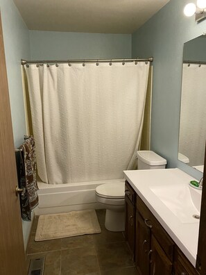 Combined shower/tub, towels, toilet paper