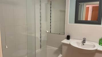 Combined shower/tub, hair dryer, towels, toilet paper