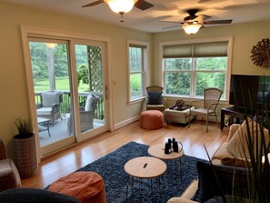 Smart TV, fireplace, books