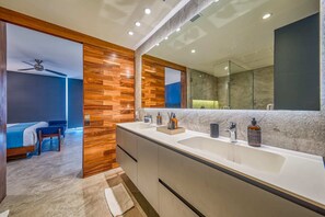 Shower, hair dryer, towels