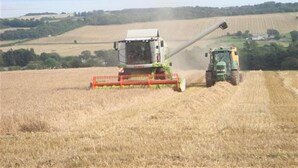 Une moissonneuse-batteuse dans un champ, avec un tracteur à proximité.