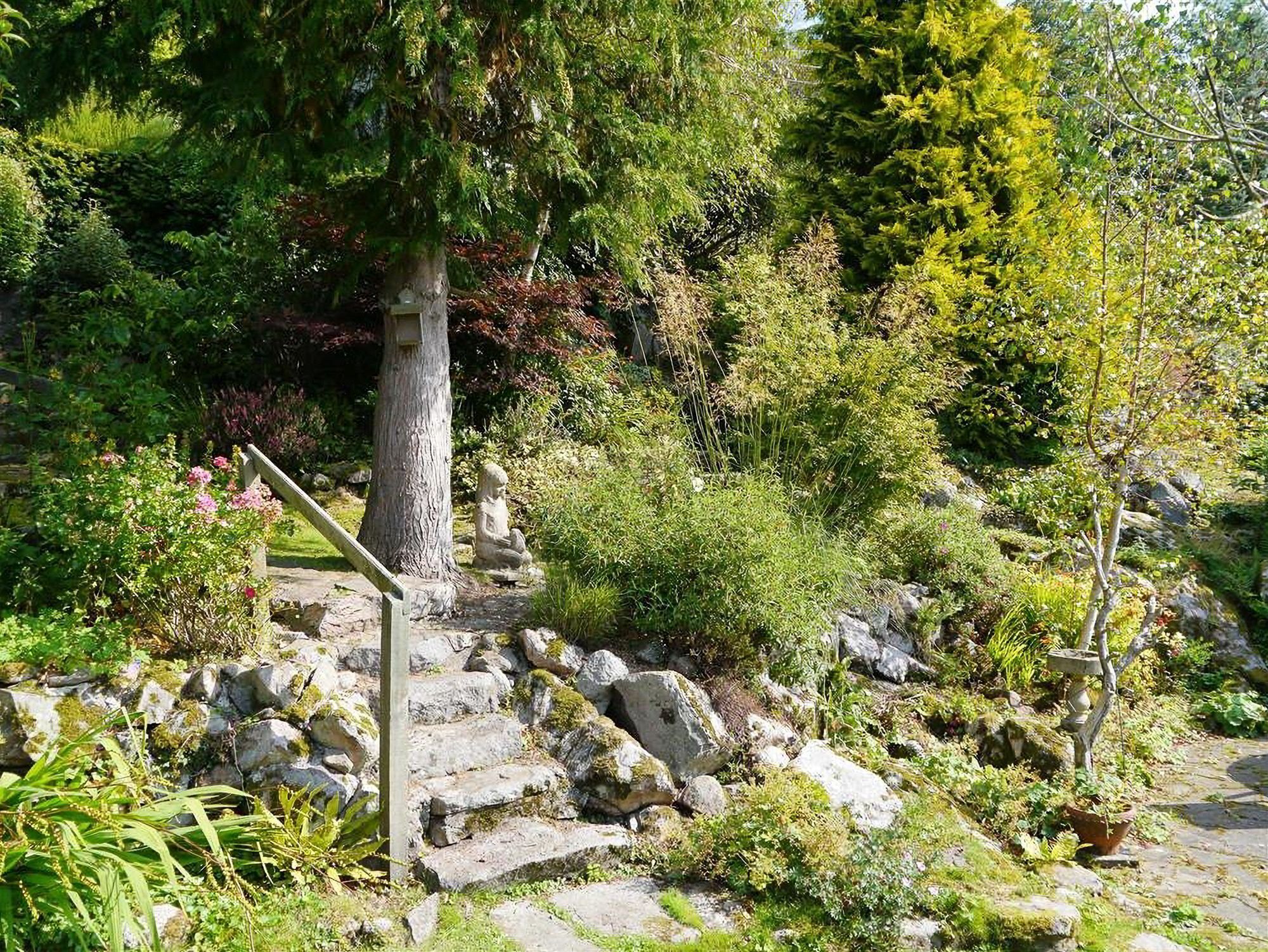 A natural outdoor area with a stone pathway, trees, and shrubs.